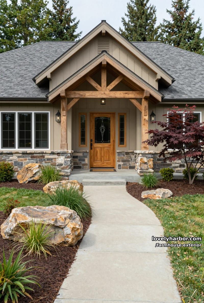 craftsman house, gabled roof, stone and wood exterior, natural landscaping, japanese maple. 1