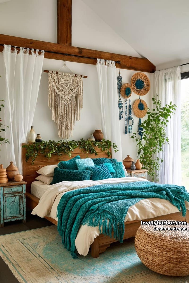 cream bedroom with teal throws, macrame wall hanging, and earthy accents. 1