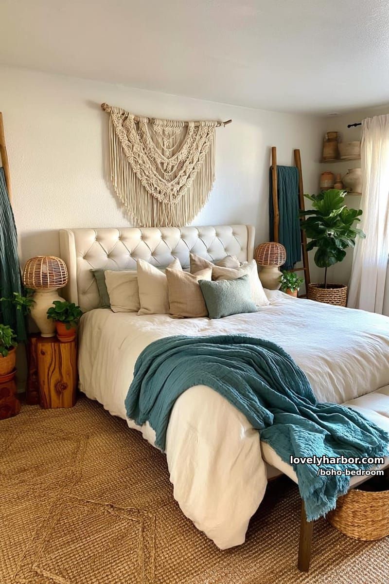 cream bedroom with teal throws, macrame wall hanging, and earthy accents. 1