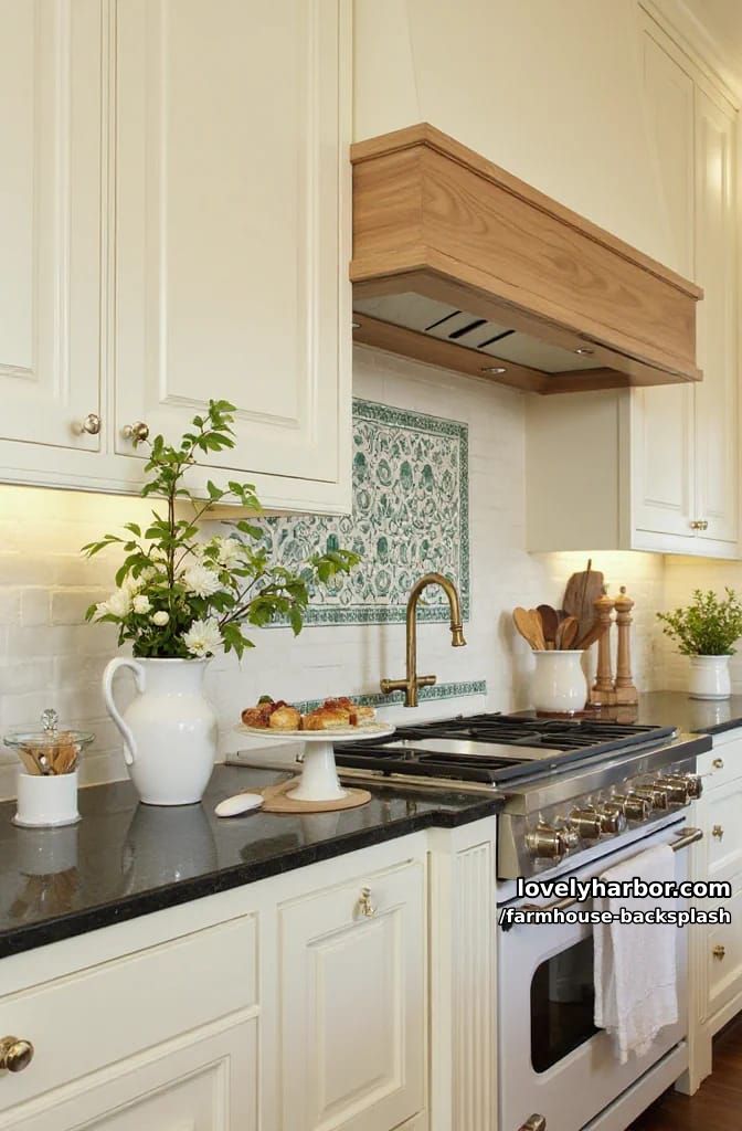 cream kitchen with green patterned backsplash and wooden range hood. 1