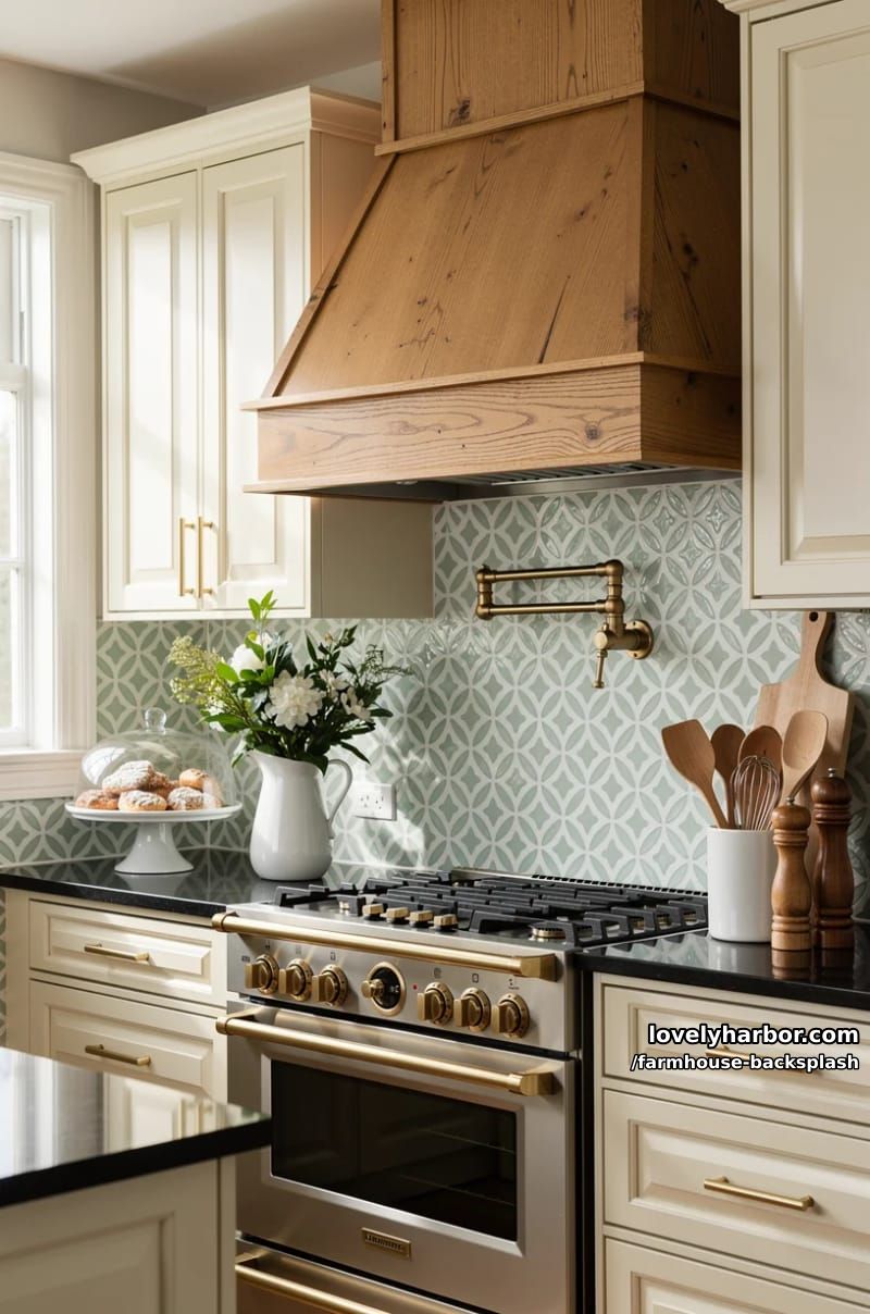 cream kitchen with green patterned backsplash and wooden range hood. 1