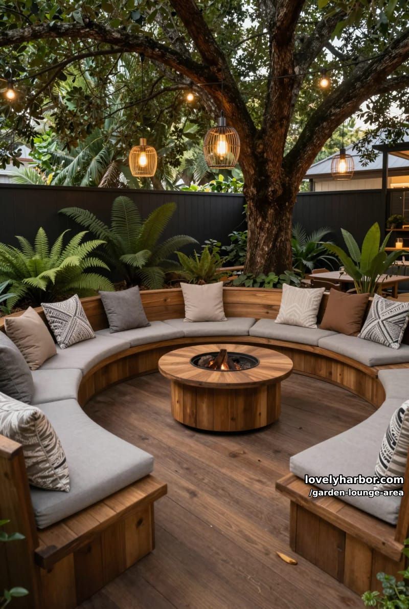 curved wooden bench under a tree with fire pit and string lights 1
