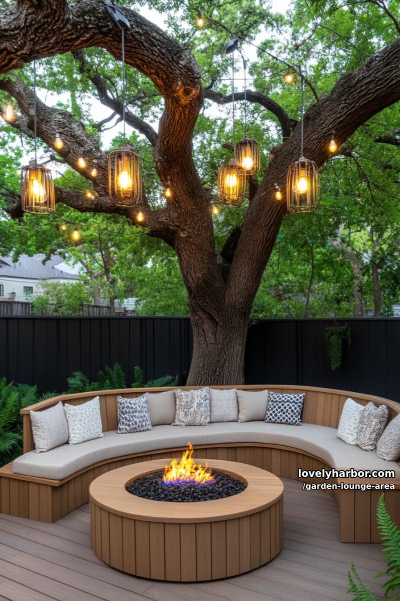 curved wooden bench under a tree with fire pit and string lights 1