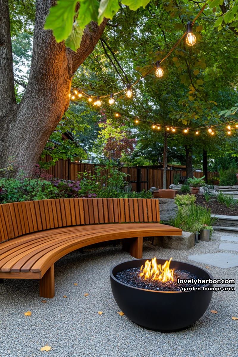 curved wooden bench under a tree with fire pit and string lights 1