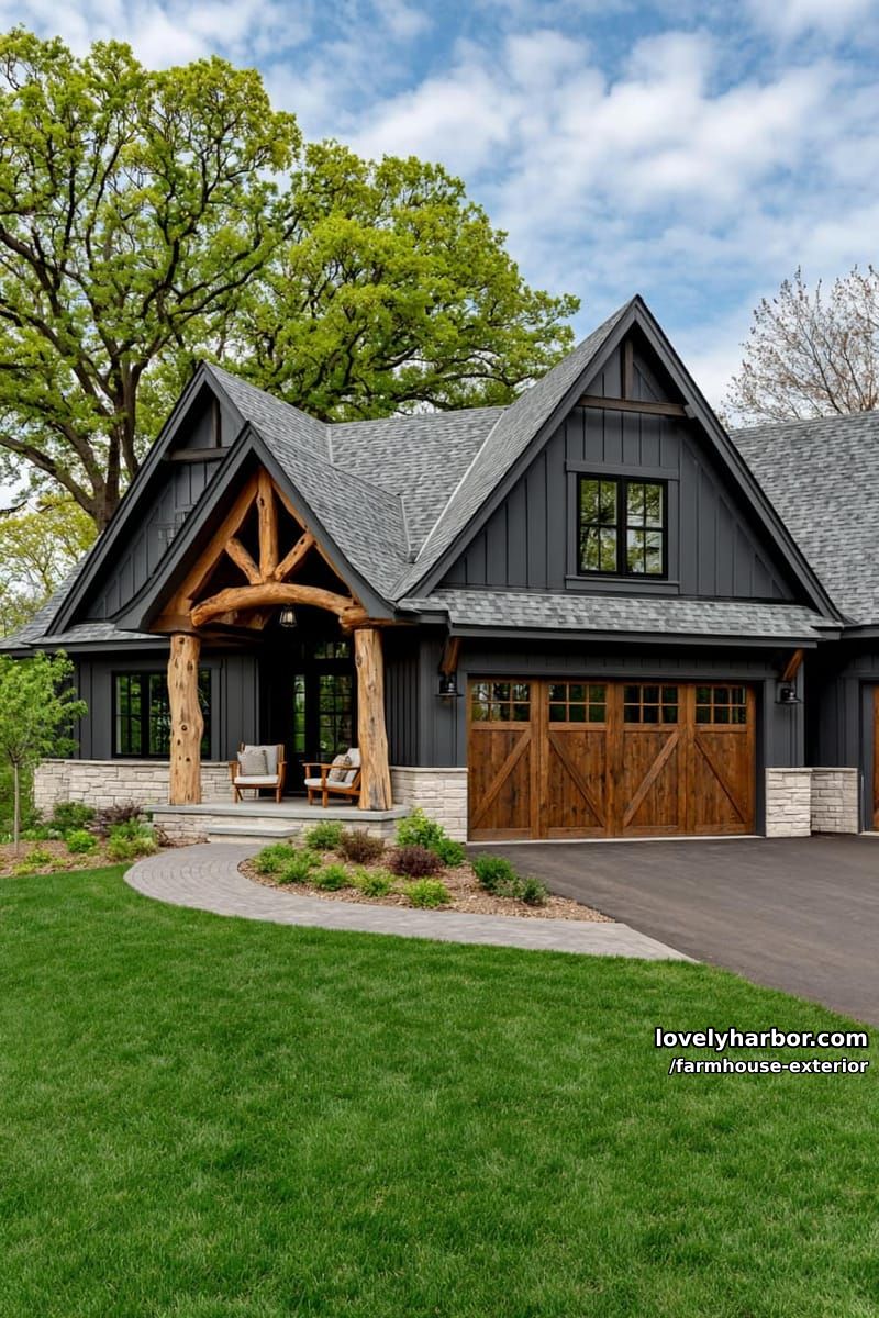 dark gray farmhouse, steep roof, rustic garage doors, manicured lawn, light stone accents. 1