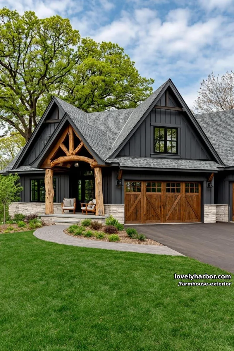 44 New Farmhouse Exterior Designs To Copy 15 dark gray farmhouse, steep roof, rustic garage doors, manicured lawn, light stone accents. 1