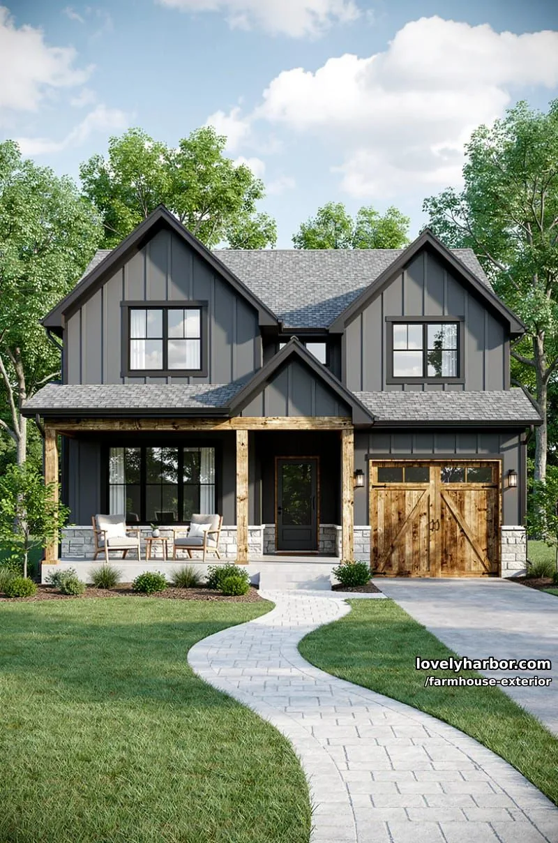 44 New Farmhouse Exterior Designs To Copy 16 dark gray farmhouse, steep roof, rustic garage doors, manicured lawn, light stone accents. 1