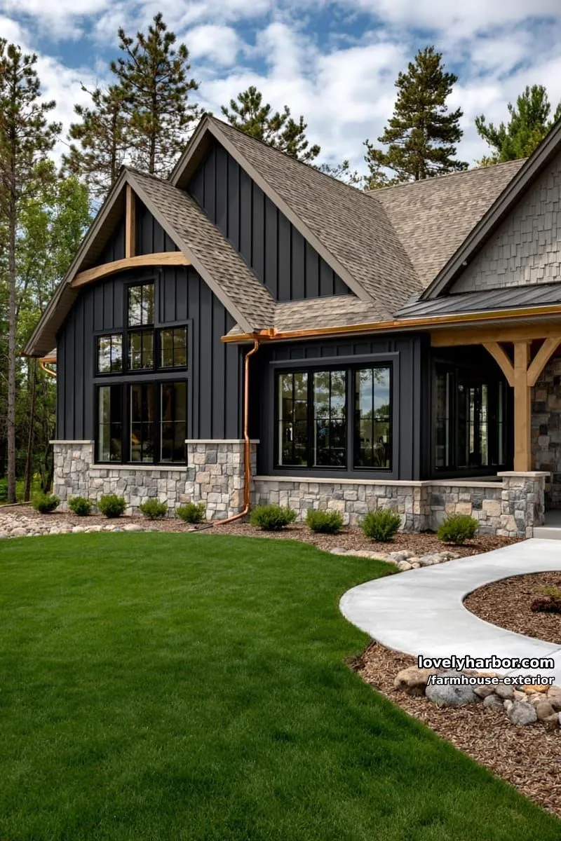 44 New Farmhouse Exterior Designs To Copy 48 dark gray farmhouse, stone base, copper gutters, covered porch, manicured lawn, tall trees. 1