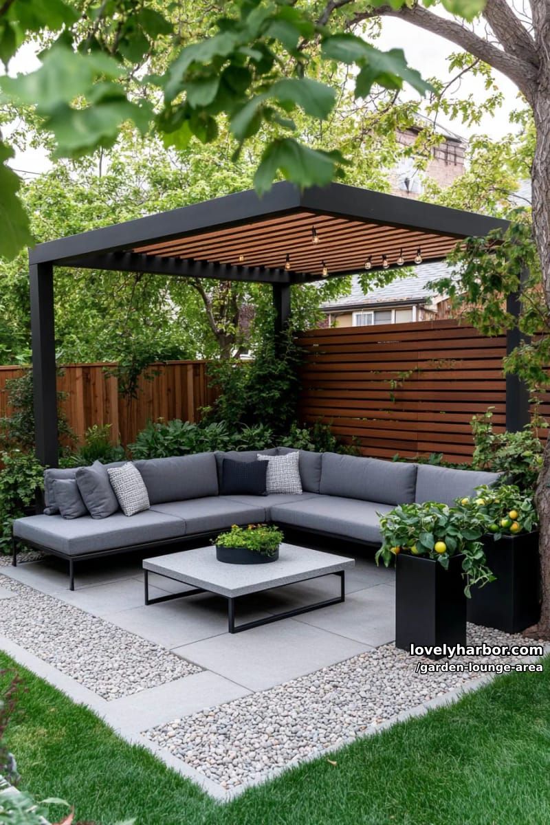dark pergola lounge with privacy screens and gray sectional sofa 1