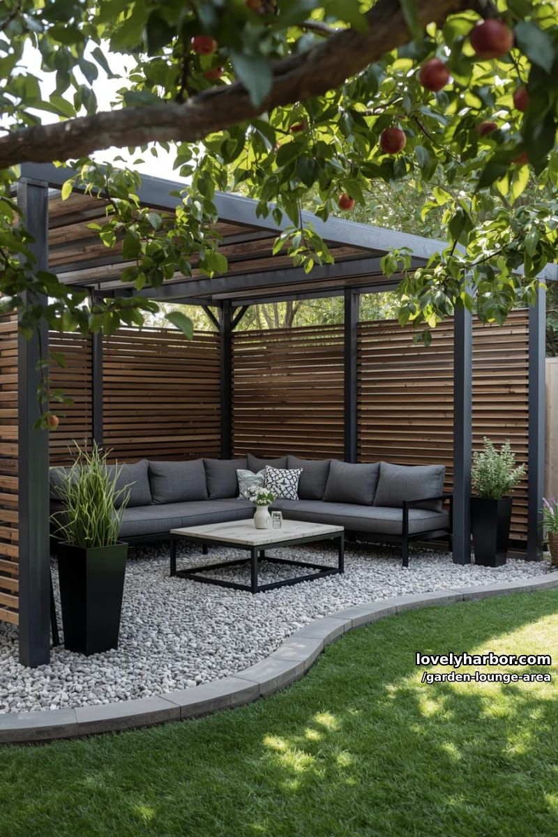 dark pergola lounge with privacy screens and gray sectional sofa 1