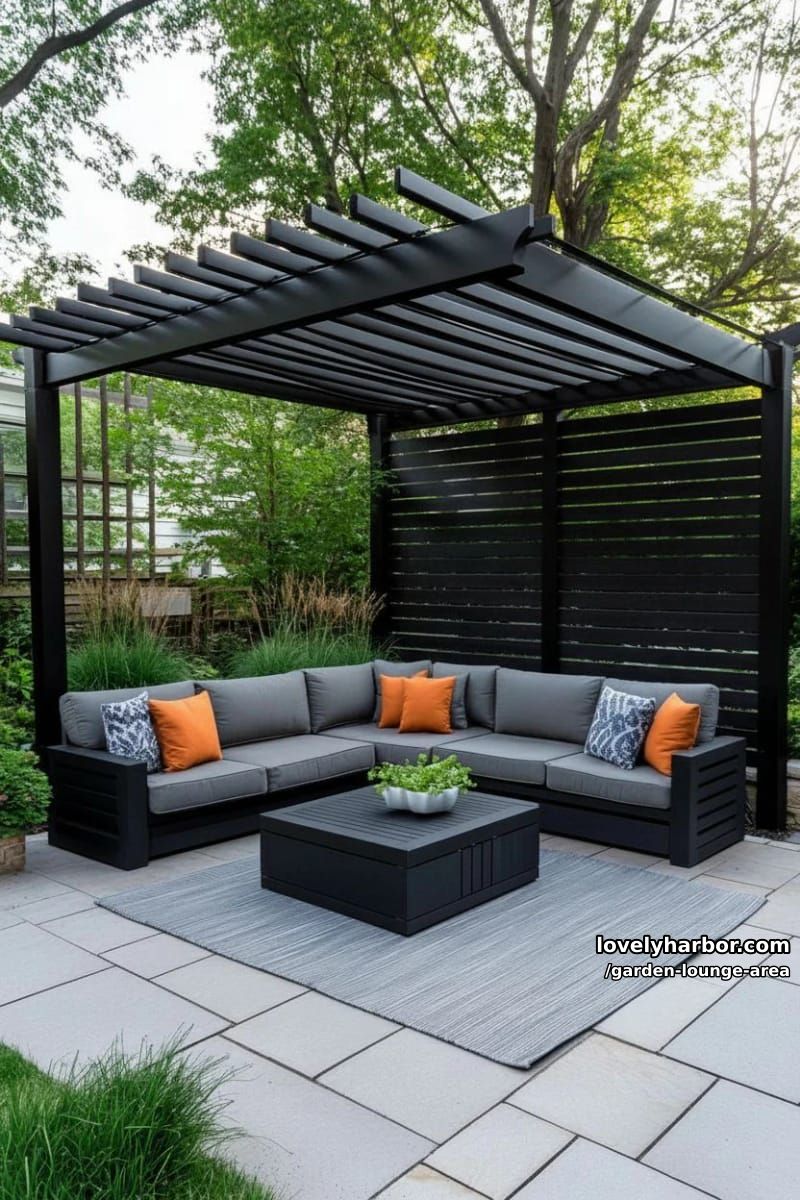 dark pergola lounge with privacy screens and gray sectional sofa 1