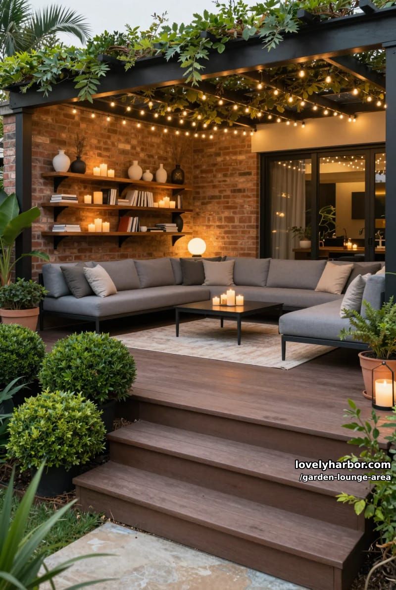 Lovely Harbor 31 deck with black pergola, string lights, gray sectional, and floating shelves 29