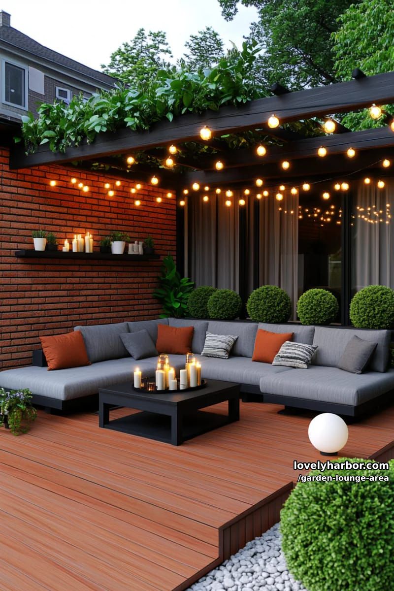 deck with black pergola, string lights, gray sectional, and floating shelves 1
