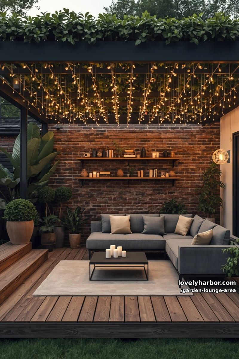 deck with black pergola, string lights, gray sectional, and floating shelves 1