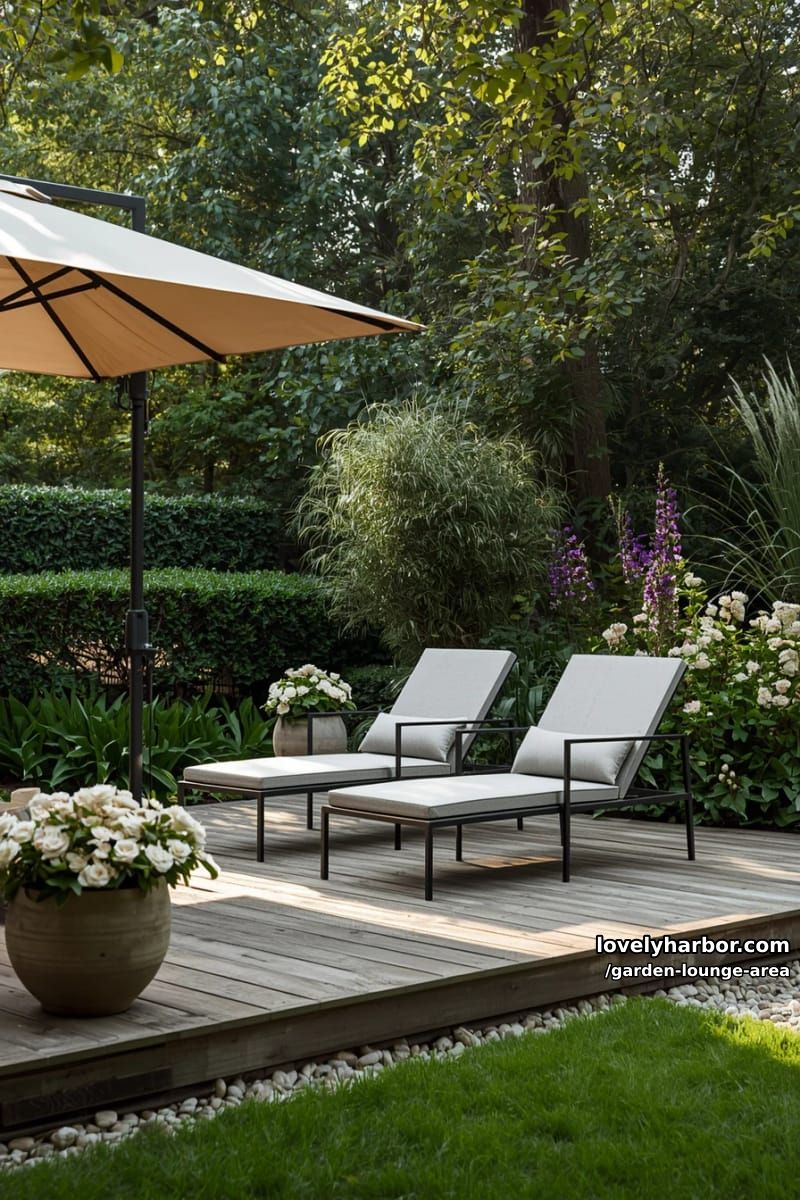 deck with modern lounge chairs, patio umbrella, and lush privacy planting 1