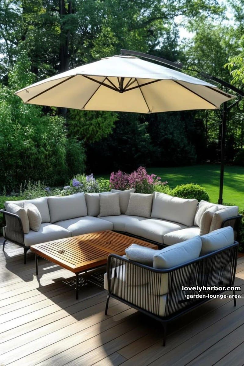 deck with modern lounge chairs, patio umbrella, and lush privacy planting 1