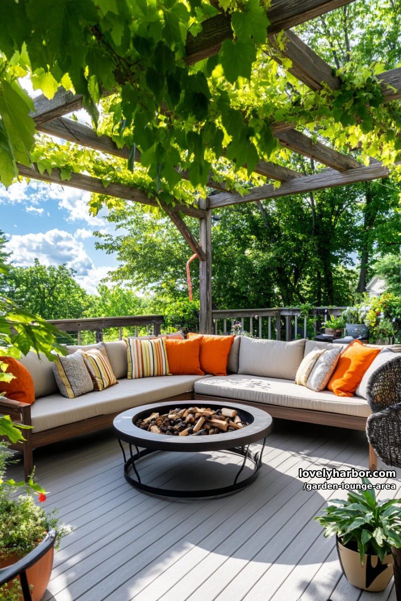 deck with pergola, built-in bench, fire pit, and colorful cushions 1