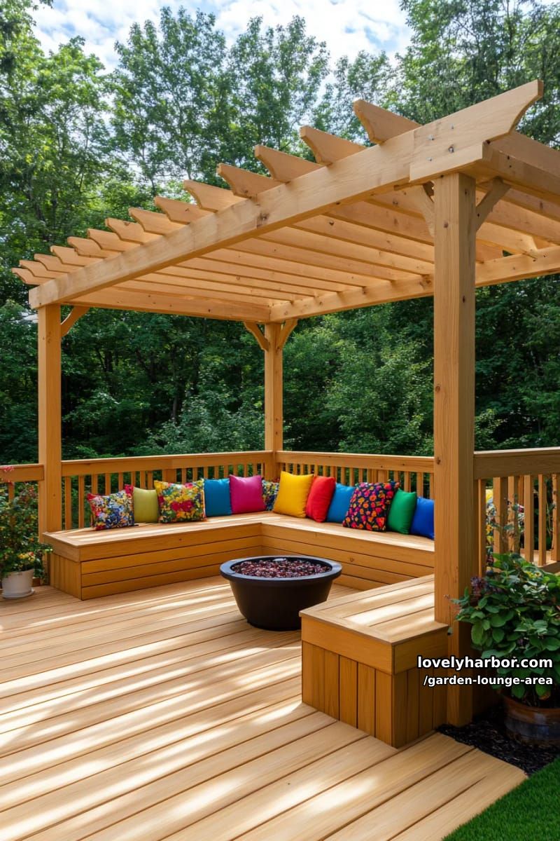 deck with pergola, built-in bench, fire pit, and colorful cushions 1