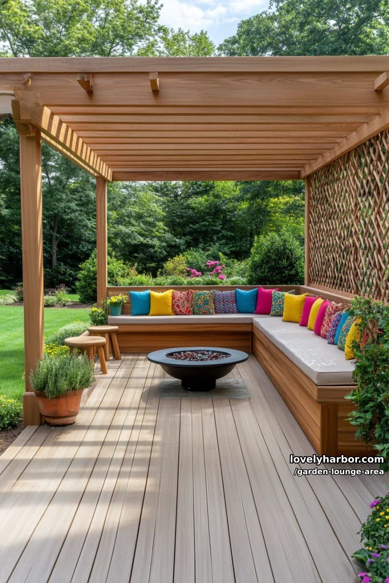 deck with pergola, built-in bench, fire pit, and colorful cushions 1