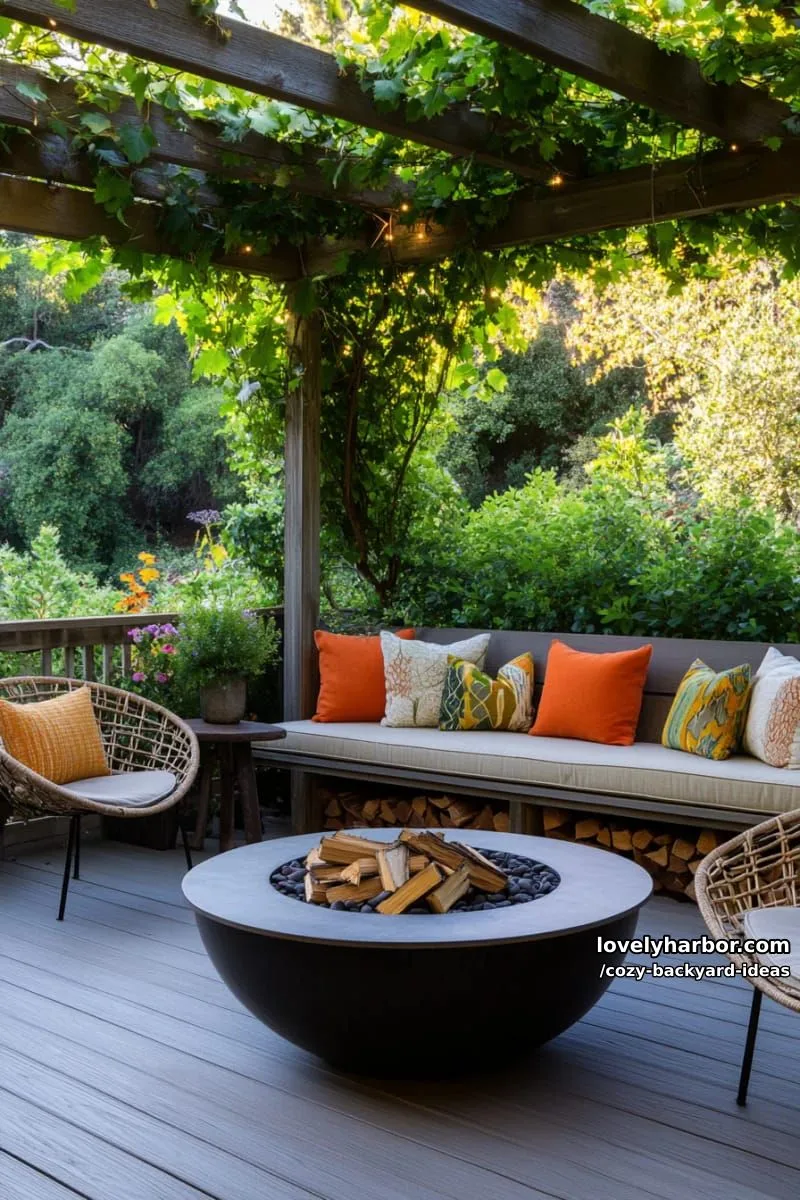 20 Cozy Backyard Ideas You Must Try 18 deck with pergola, green vines, built-in bench, fire pit, and cozy seating 1