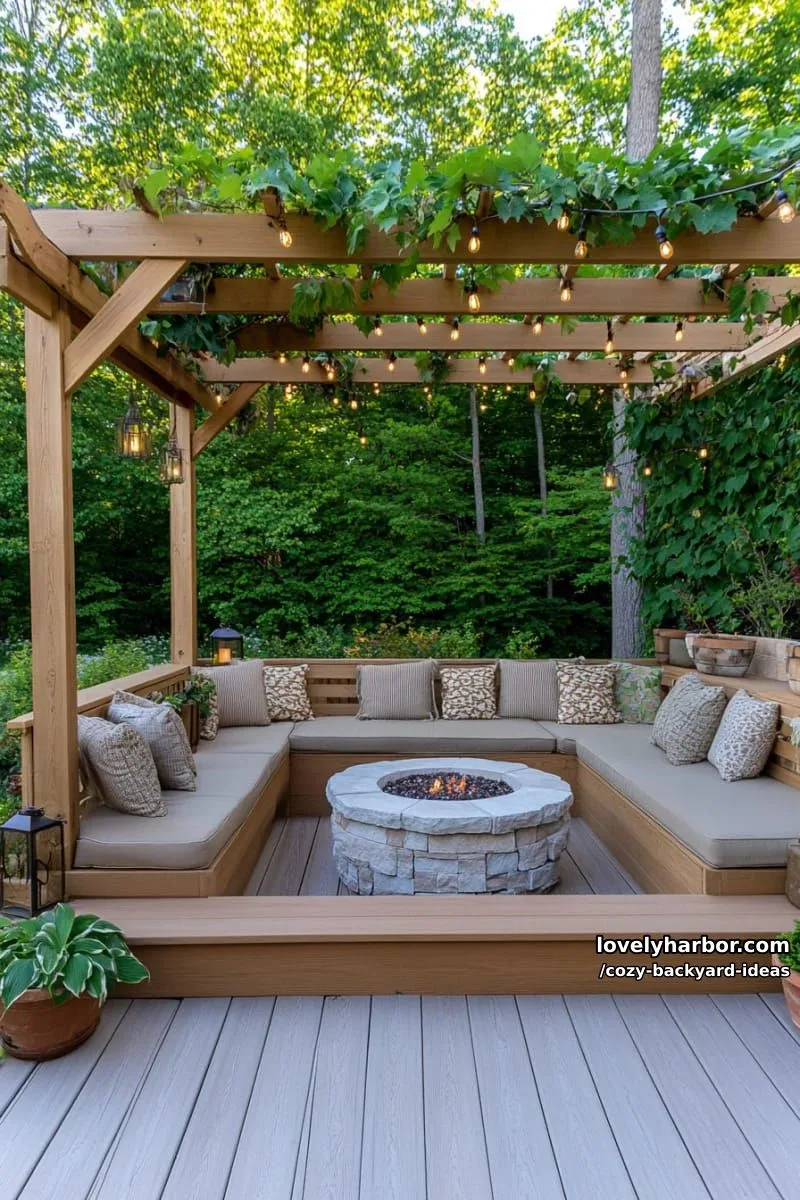 20 Cozy Backyard Ideas You Must Try 19 deck with pergola, green vines, built-in bench, fire pit, and cozy seating 1