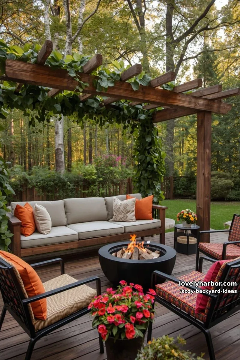 20 Cozy Backyard Ideas You Must Try 20 deck with pergola, green vines, built-in bench, fire pit, and cozy seating 1