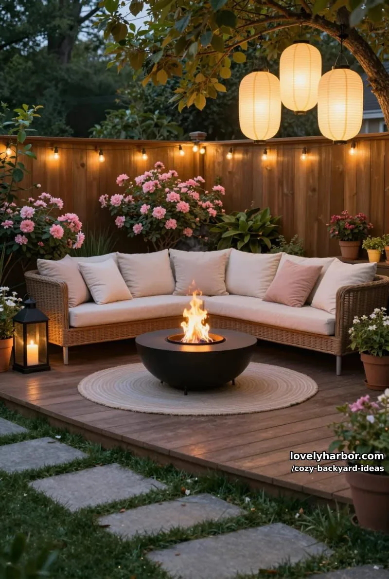 20 Cozy Backyard Ideas You Must Try 48 deck with wicker sofa, fire pit, paper lanterns, and flowering bushes 1