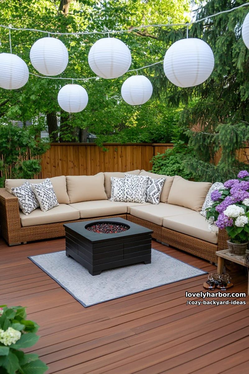deck with wicker sofa, fire pit, paper lanterns, and flowering bushes 1