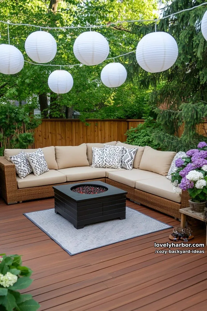 20 Cozy Backyard Ideas You Must Try 49 deck with wicker sofa, fire pit, paper lanterns, and flowering bushes 1