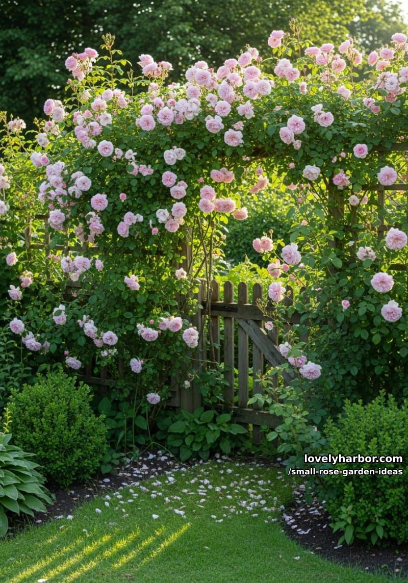 dense cluster of pale pink climbing roses with green foliage. 1