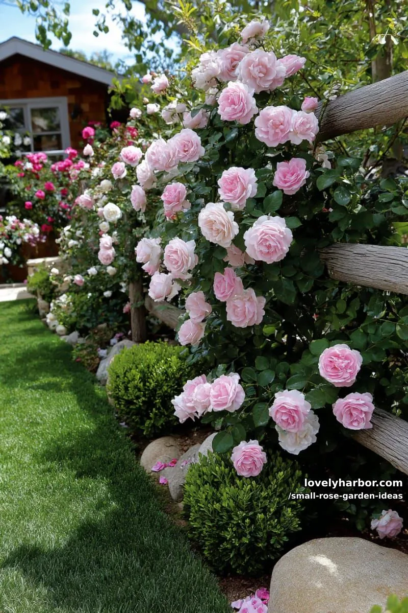 20 Chic Small Rose Garden Ideas for a Refreshing Outdoor Space 44 dense cluster of pale pink climbing roses with green foliage. 1
