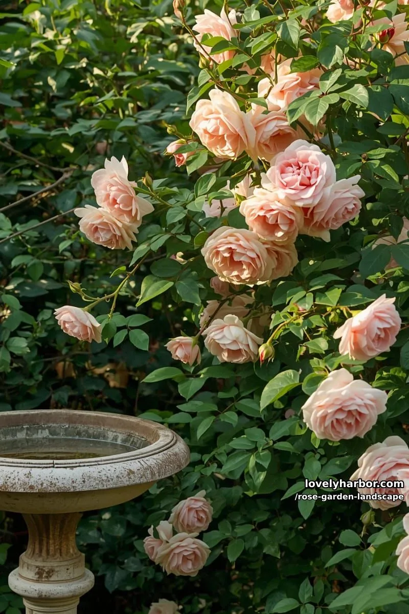 dense cluster of pale pink climbing roses with lush green leaves. 1