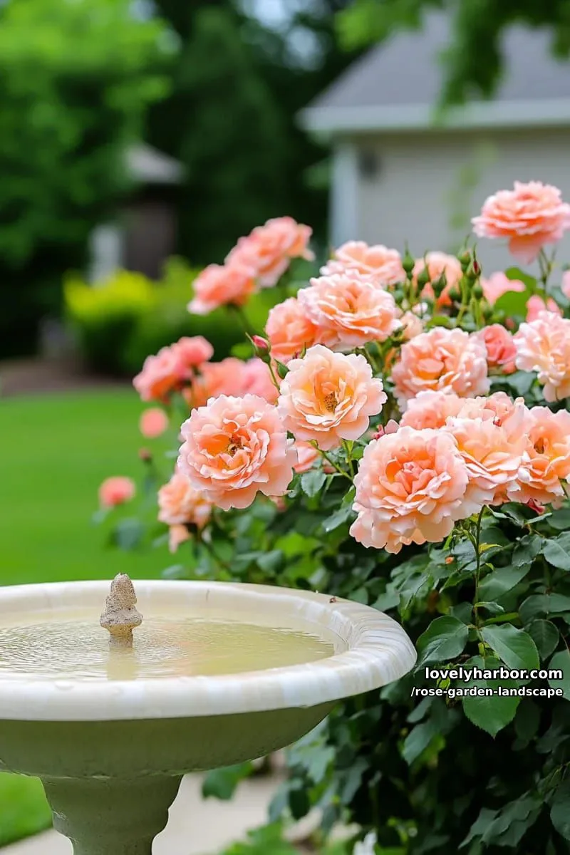 dense cluster of pale pink climbing roses with lush green leaves. 1