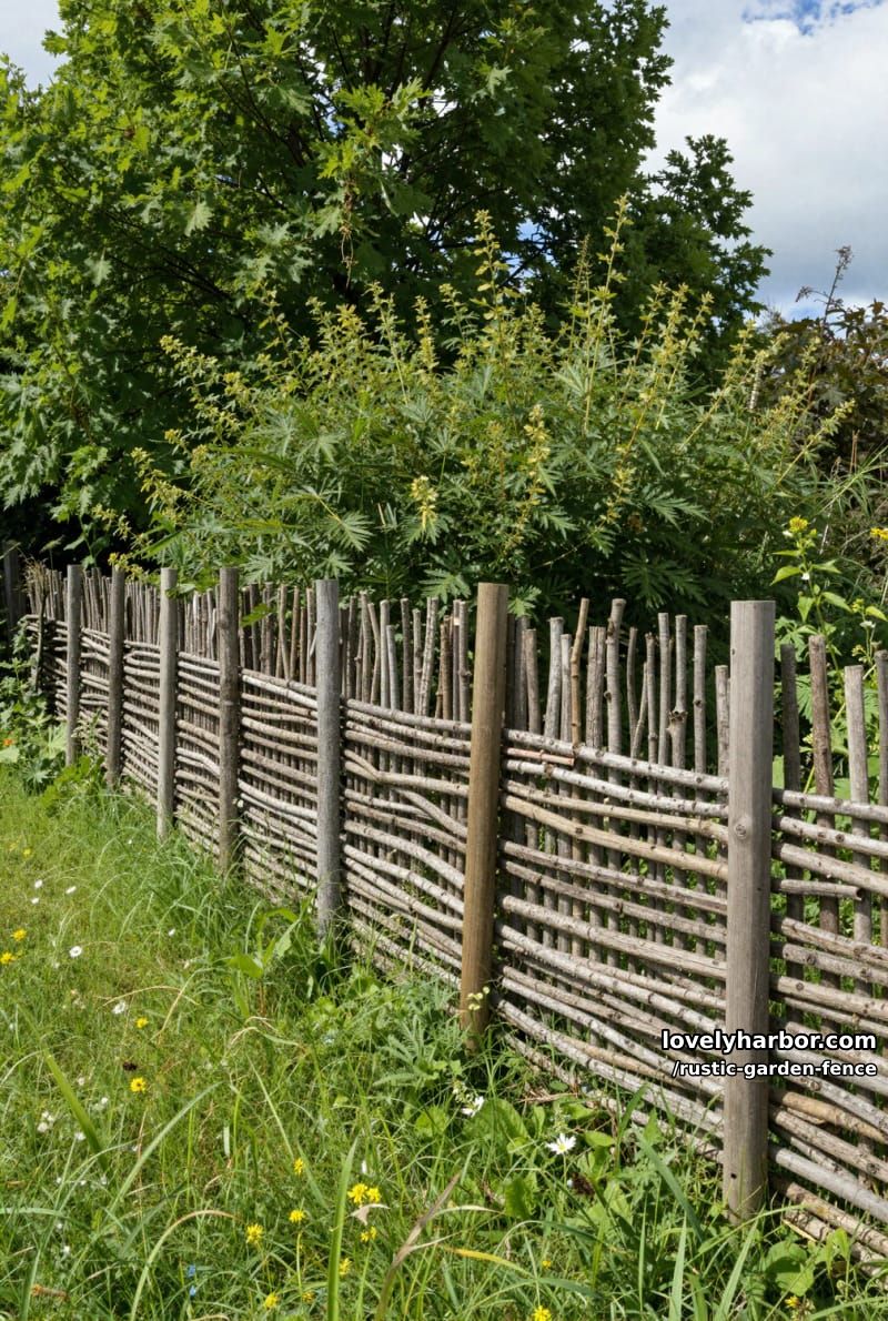 densely woven stick fence with wildflowers and tall green shrubs. 1