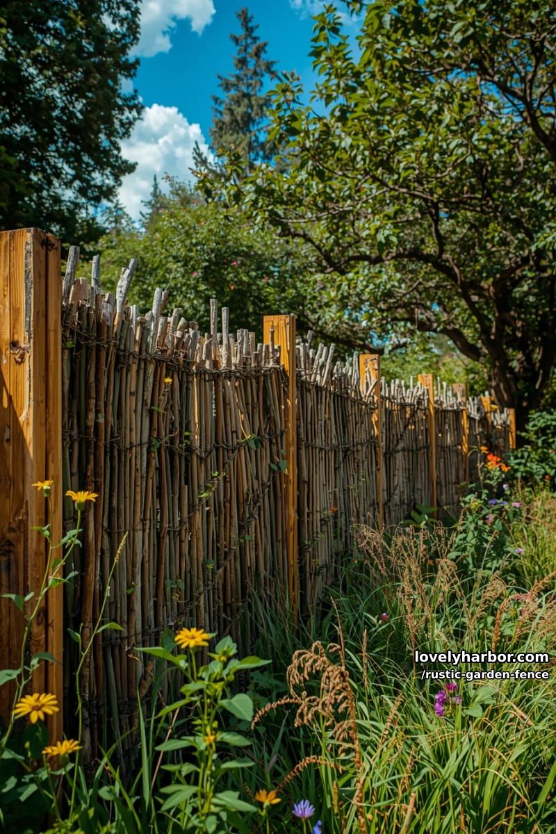densely woven stick fence with wildflowers and tall green shrubs. 1
