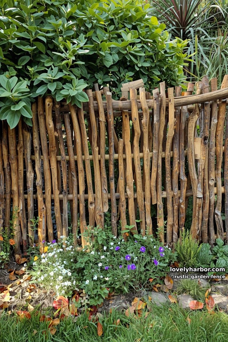 densely woven stick fence with wildflowers and tall green shrubs. 1