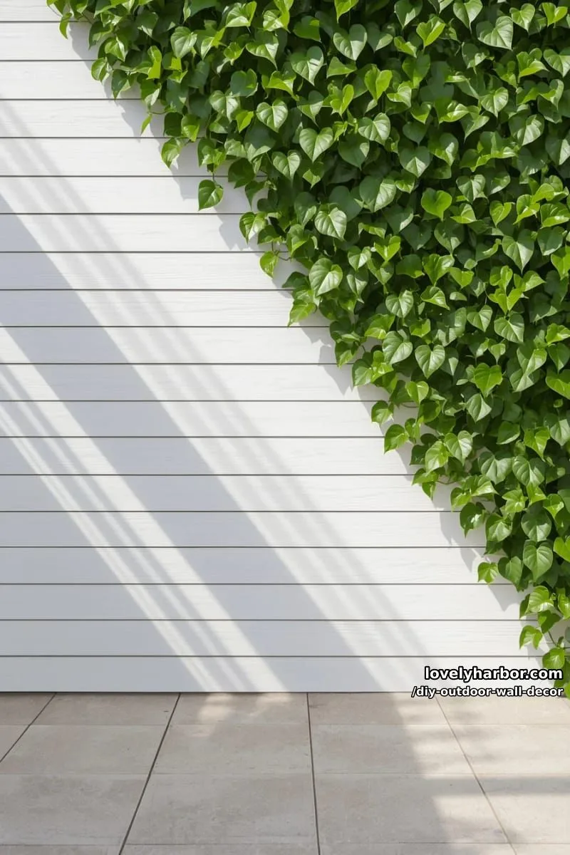 20 Easy DIY Outdoor Wall Decor Ideas You'll Love 6 diagonal green vine accent on a modern white shiplap wall 1