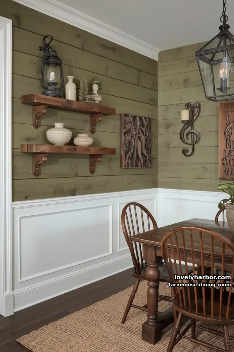 44 Rustic Farmhouse Dining Rooms to Inspire Your Space 43 dining room corner with green shiplap wall, wooden shelves, spindle chairs, earthy farmhouse decor. 1