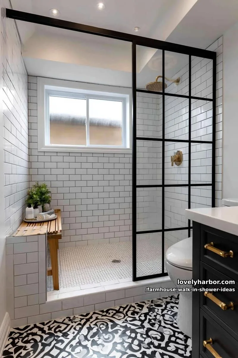 doorless shower with white subway tiles, brass rain shower, and patterned floor. 1