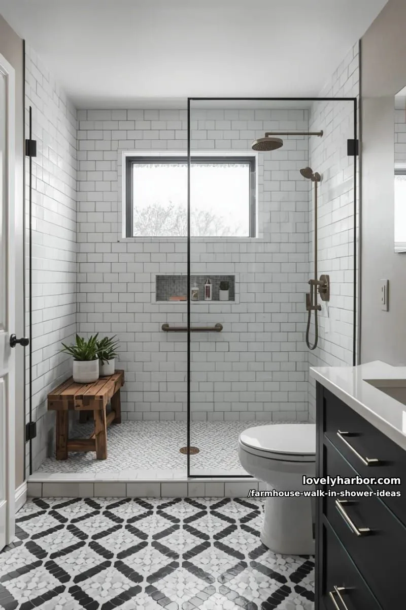 doorless shower with white subway tiles, brass rain shower, and patterned floor. 1