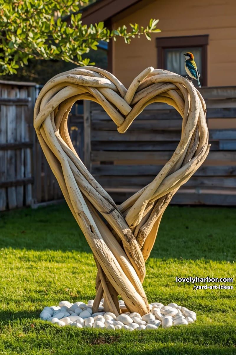 driftwood heart sculpture encircled by white stones on a grassy lawn. 1