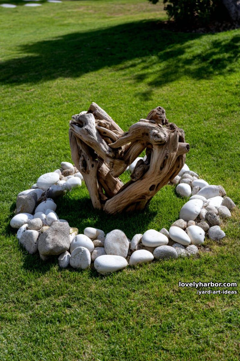 driftwood heart sculpture encircled by white stones on a grassy lawn. 1