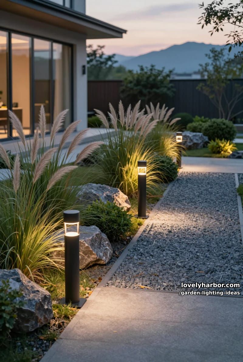 dusk garden path with bollard lights, ornamental grasses, and modern house. 1