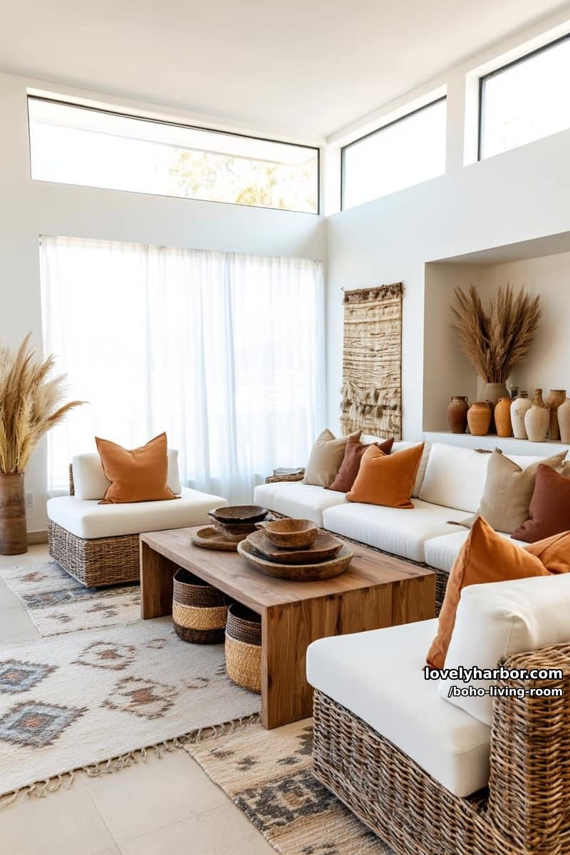 earthy, airy living room with rattan furniture and soft neutral palette. 1