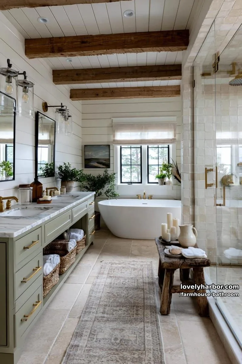 elegant bathroom with shiplap, wood beams, double vanity, green cabinets, and brass. 1