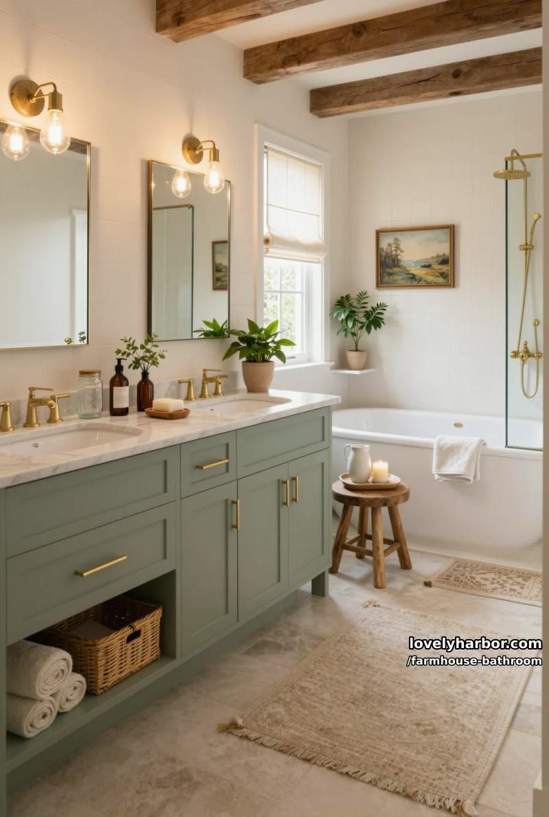 elegant bathroom with shiplap, wood beams, double vanity, green cabinets, and brass. 1