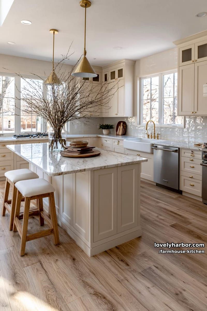 elegant beige kitchen with marble island, glass cabinets, and gold hardware. 1