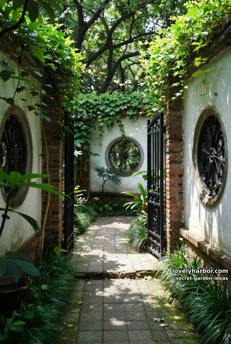 enclosed secret garden with iron gates, circular windows, and winding paths. 1