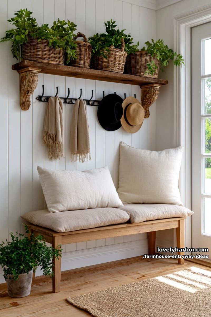 entryway corner with bench, baskets, shelf with plants, and hats on hooks. 1