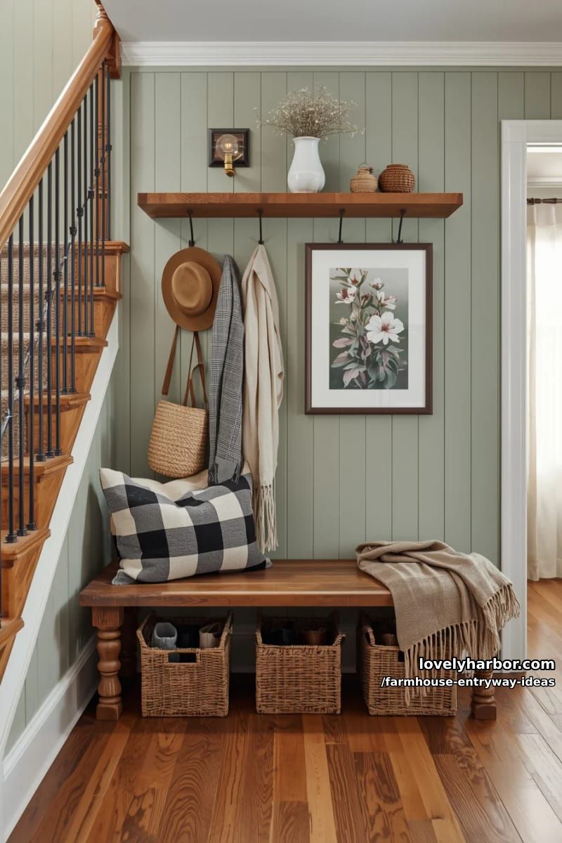 entryway under staircase with sage board and batten wall, bench, and baskets. 1